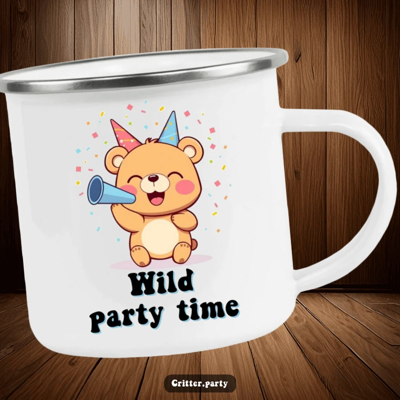 Funny camping mug featuring a small bear joyfully blowing colorful confetti from a party horn, ideal for outdoor parties.