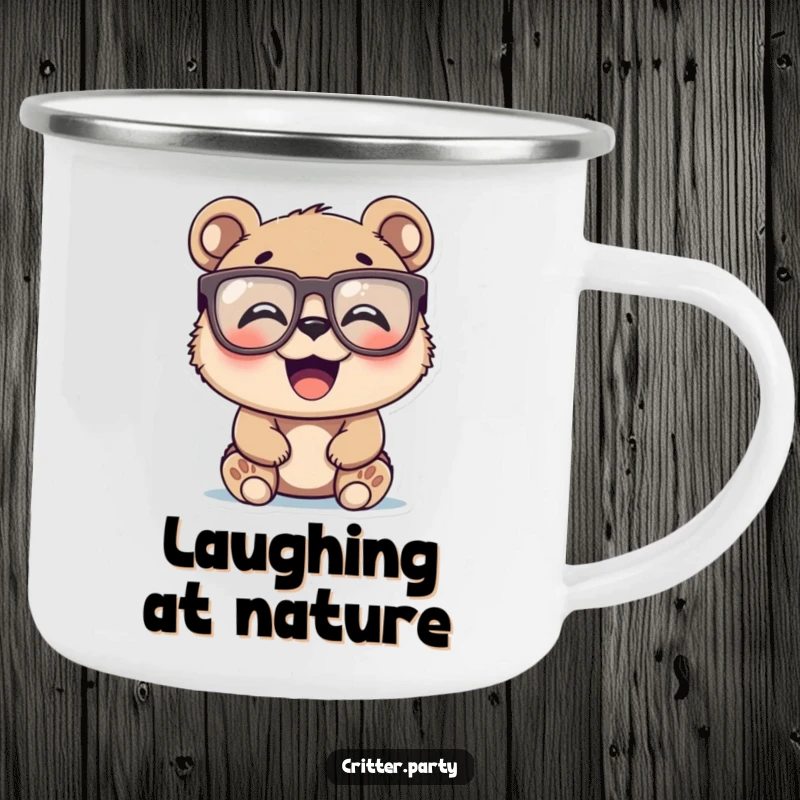 Funny happy bear cub wearing large novelty glasses, laughing heartily, on a robust camping mug, an excellent funny gift.