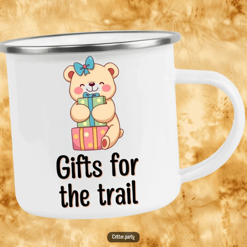 Funny camping mug with a cheerful bear hugging a stack of presents, designed for outdoor enthusiasts who appreciate humor and durability.