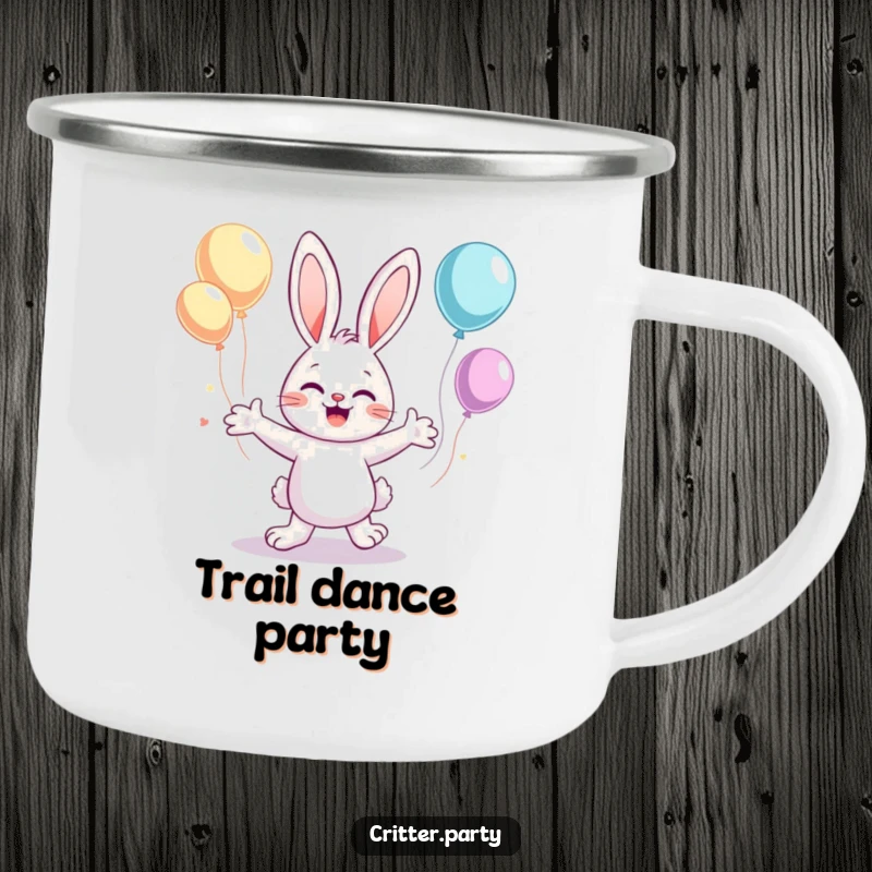 Funny camping mug featuring a cute bunny enthusiastically dancing with flailing arms, surrounded by floating balloons.