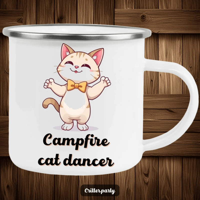 Funny camping mug featuring a happy cat in a bow tie, dancing with enthusiasm, ready for outdoor celebrations.