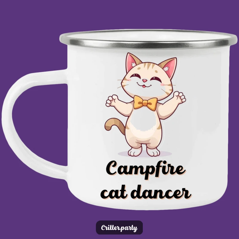 Funny Cat Camping Mug: Happy Cat Dancing in Bow Tie, Outdoor Fun & Style