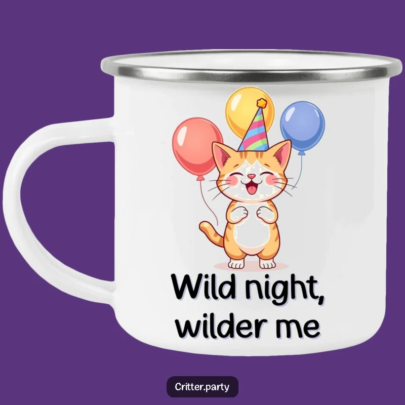 Funny Cat Party Juggler Camping Mug: Adventure with Festive Feline Fun