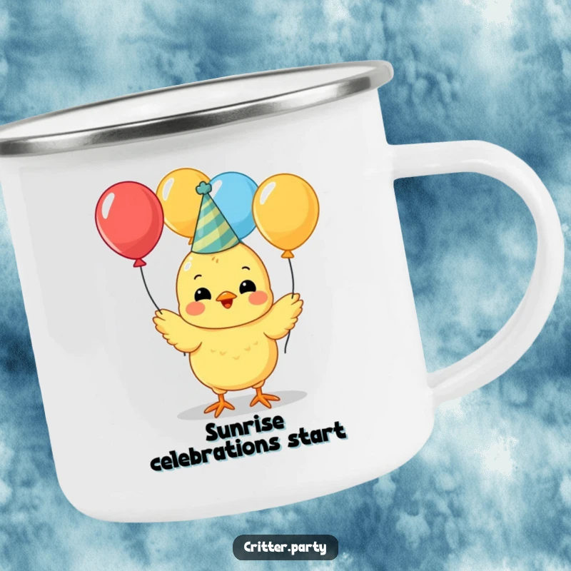 Funny cute yellow chick wearing a party hat, juggling colorful balloons on a sturdy camping mug, ready for outdoor fun.