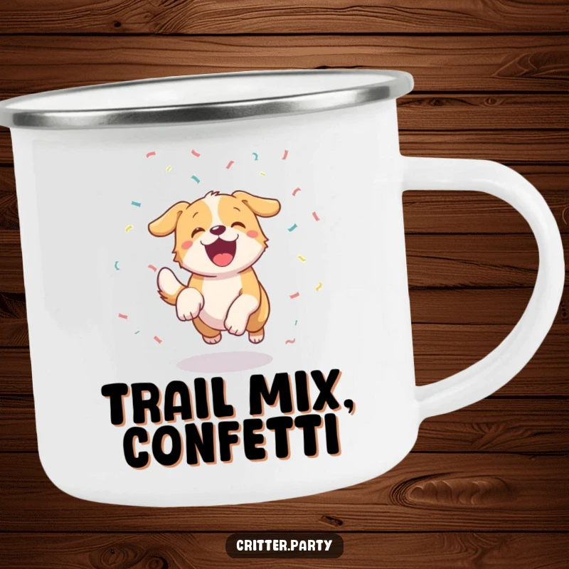 Durable funny excited dog camping mug with a wagging tail, chasing confetti, ideal for enjoying drinks in the great outdoors.