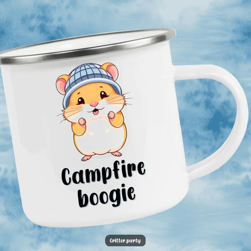Funny hamster camping mug with a cute character wearing a miniature disco ball helmet, striking a silly pose under the stars.