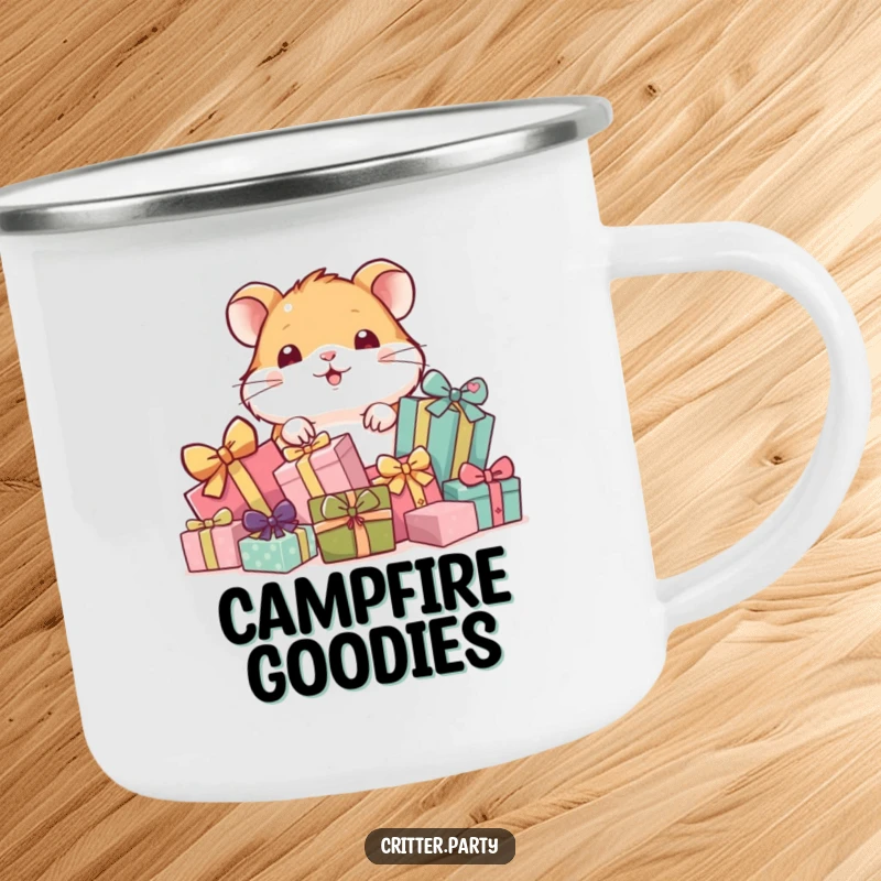 Funny enamel camping mug with a playful hamster peeking from behind a pile of gifts, perfect for camping trips.