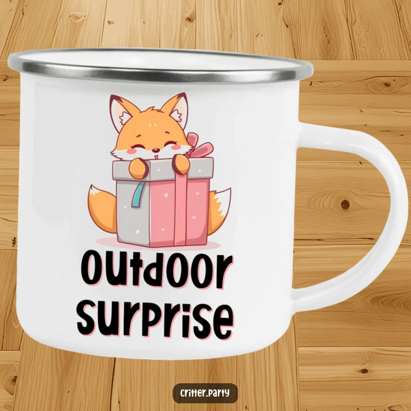 Funny kawaii fox eagerly unwrapping a giant gift box, a durable mug for outdoor enthusiasts who love surprises.