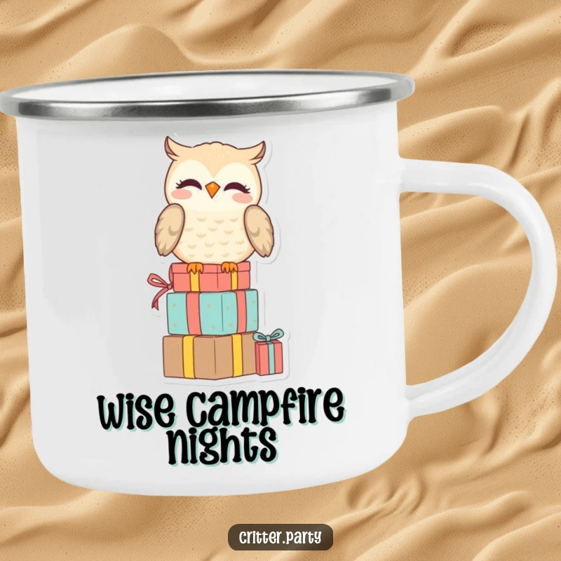 Funny camping mug featuring a smiling owl perched on a stack of presents, looking amused, for a witty and humorous outdoor experience.