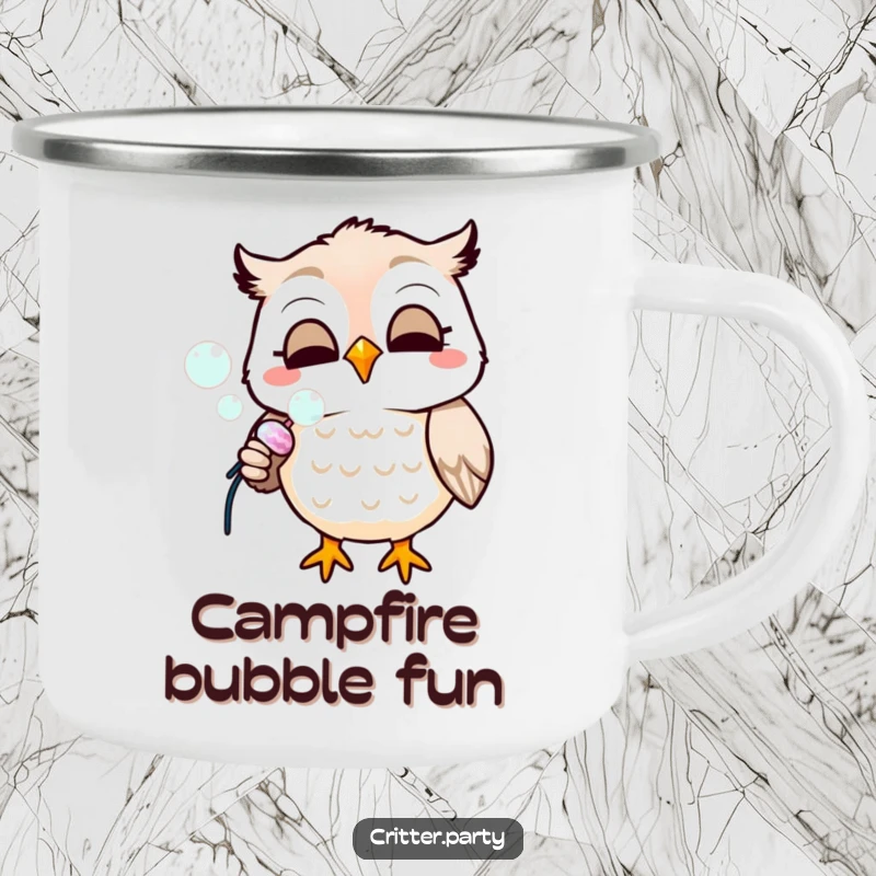 Funny camping mug featuring a smiling owl blowing bubbles from a party popper, perfect for cheerful outdoor mornings.