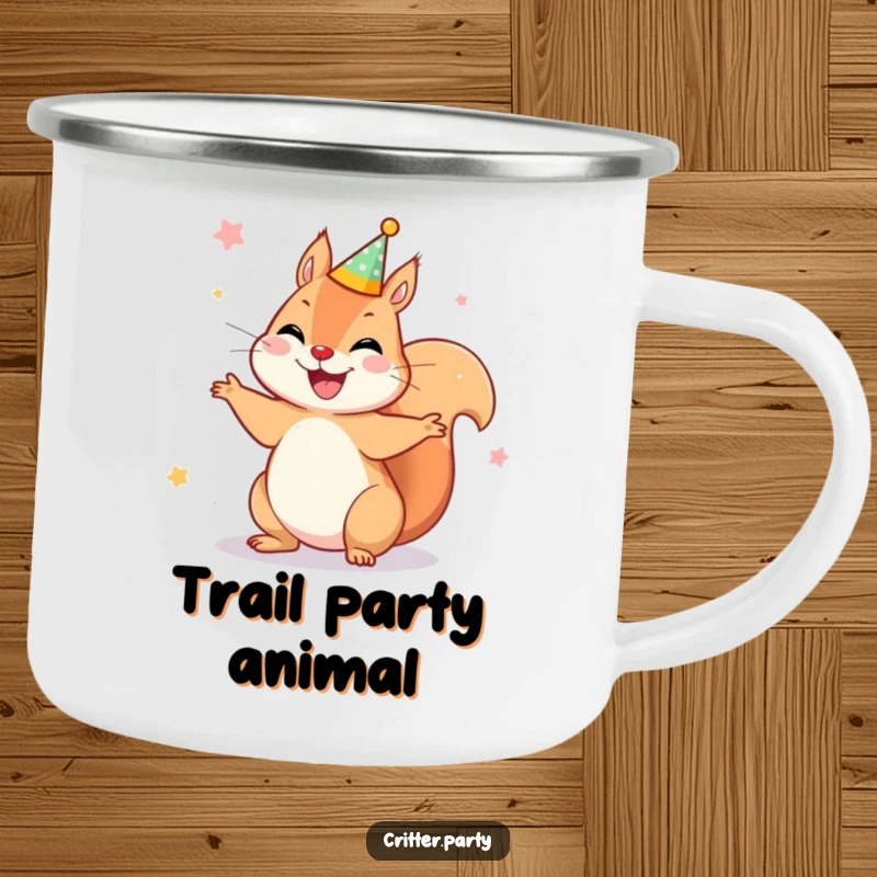 Funny camping mug featuring a joyful squirrel wearing a tiny party crown, spinning around, perfect for cheerful outdoor party adventures.
