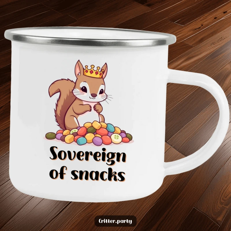 Funny camping mug with a crowned squirrel surveying treats, designed for outdoor adventures and a touch of regal humor.