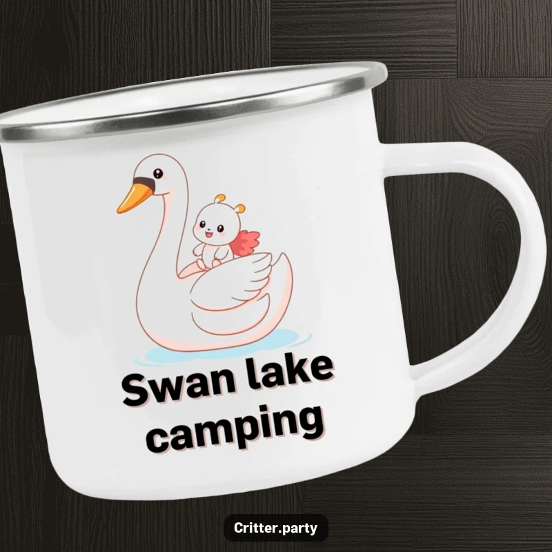 Funny camping mug with a small critter gleefully riding a giant inflatable swan, perfect for cheerful outdoor adventures.