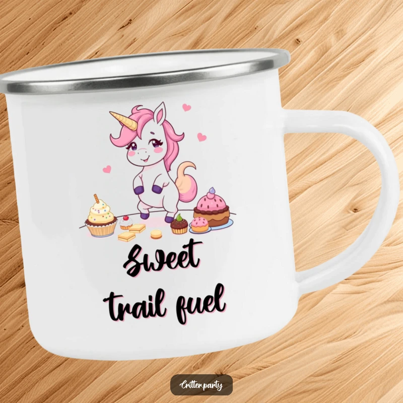Funny camping mug featuring a giggling unicorn dancing around a table of treats, perfect for cozy outdoor mornings.