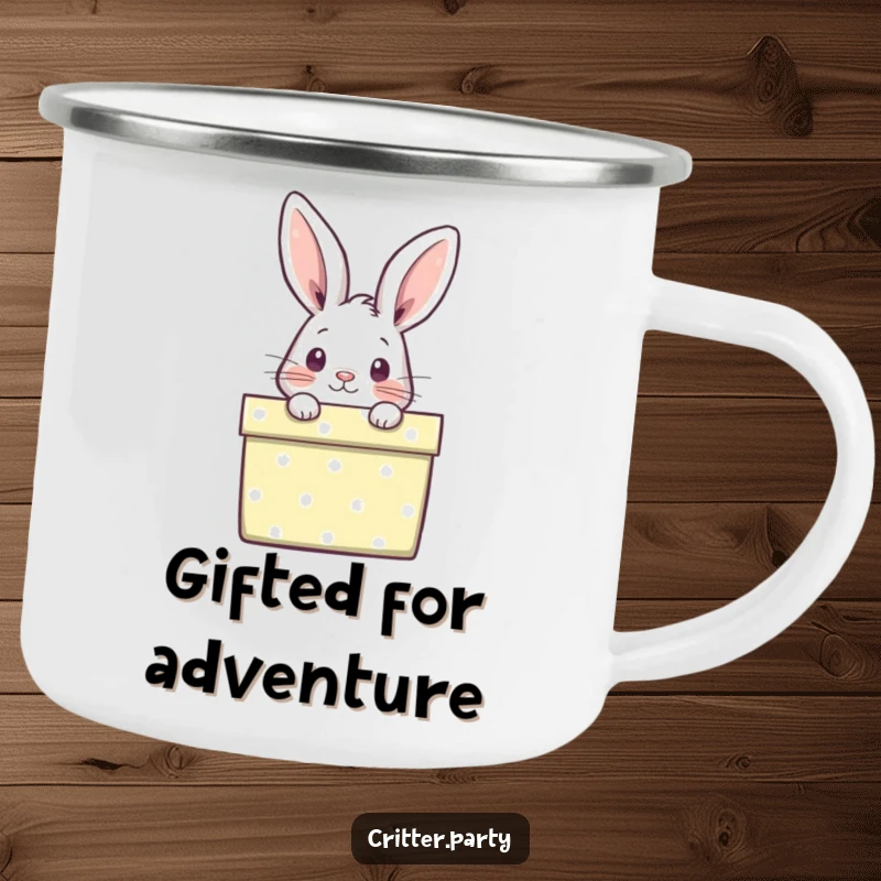 Funny camping mug featuring a curious rabbit peeking out from a brightly wrapped gift box, for a charming and humorous outdoor experience.