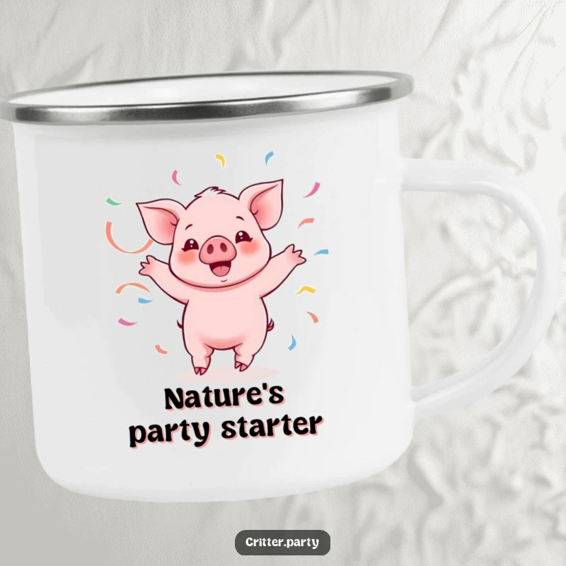 Funny Kawaii piglet character twirling with streamers on a rugged camping mug, adding humor to outdoor activities.