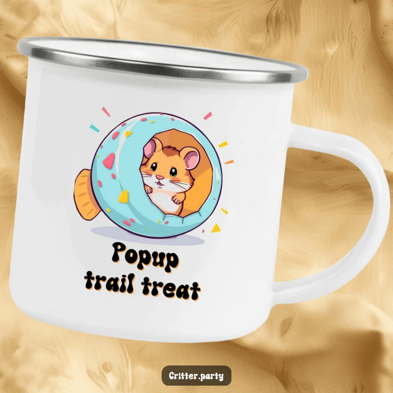 Funny camping mug with a curious hamster popping out of a giant party popper, ideal for outdoor celebrations.