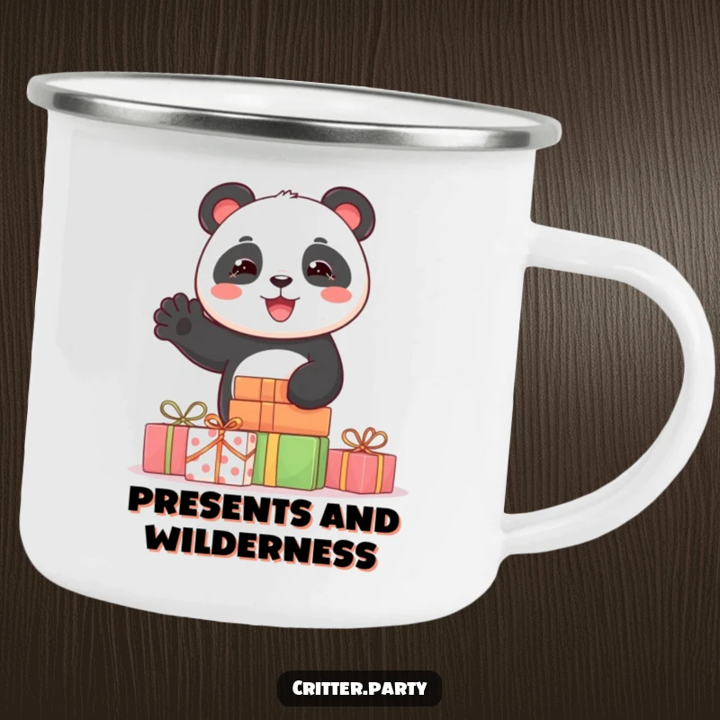 Funny camping mug featuring a joyful panda character waving from behind a stack of presents, perfect for outdoor adventures.