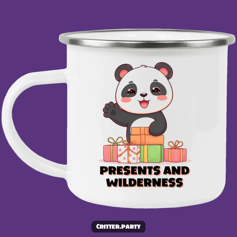 Funny Panda Camping Mug: Joyful Panda Waving from Presents, Rugged & Hilarious