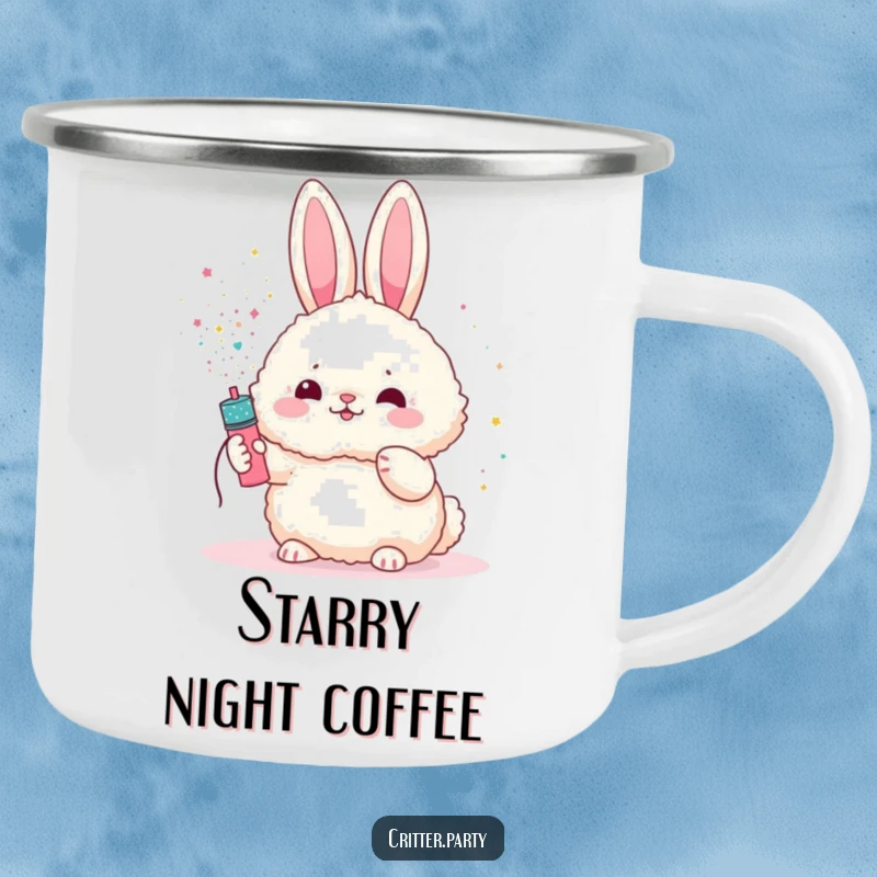 Funny bunny camping mug showing a fluffy bunny character showered with glitter from a party popper, perfect for outdoor enthusiasts.