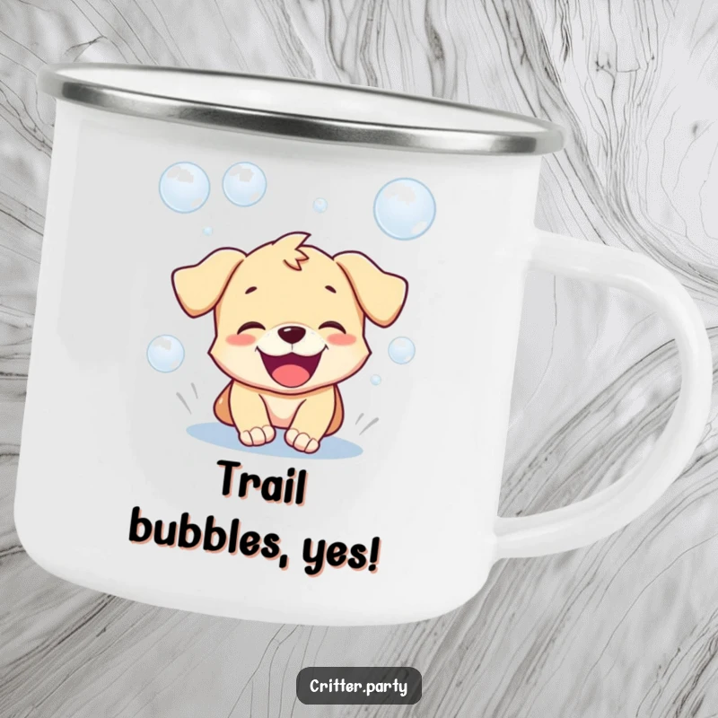 Funny camping mug featuring a playful puppy joyfully chasing bubbles, ready for outdoor fun and warm drinks.