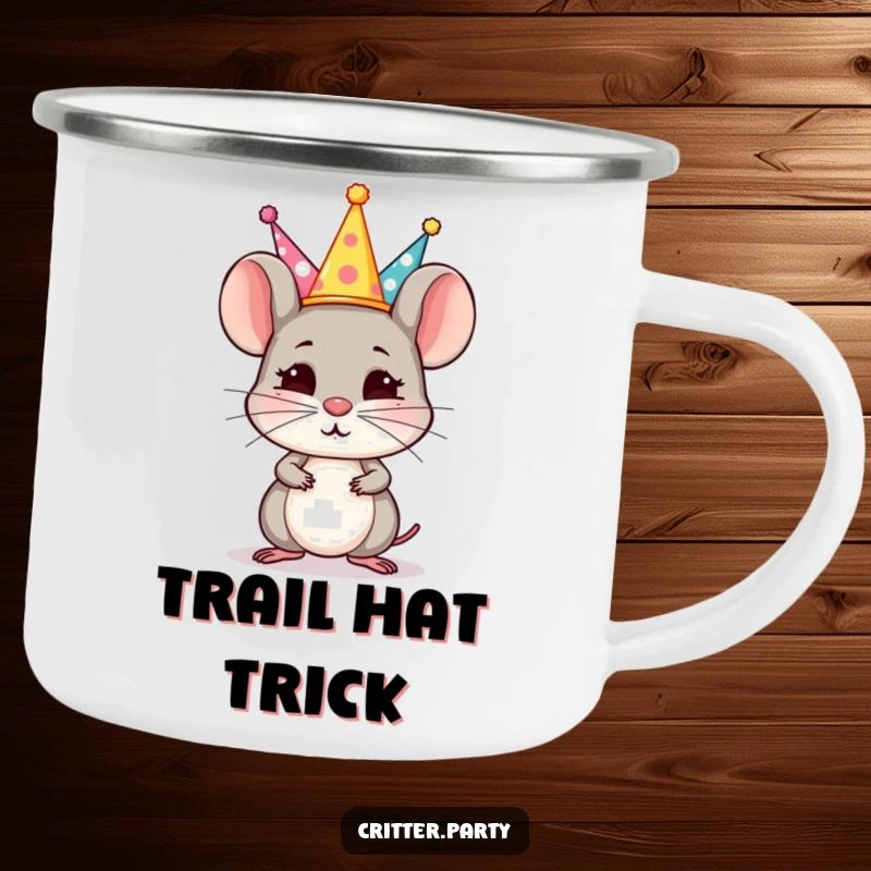 Funny Camping Mug: A small, determined mouse balances a stack of tiny party hats on its nose, embodying outdoor focus.
