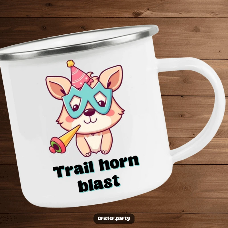 Funny camping mug with a cheerful animal in a silly mask, blowing a party horn, perfect for festive outdoor moments.