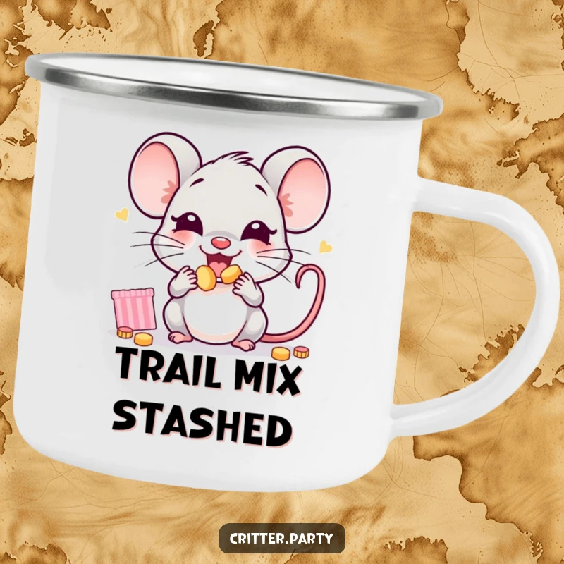 Funny mouse camping mug showing a joyful little mouse character stuffing its cheeks with tiny party snacks, perfect for outdoor lovers.