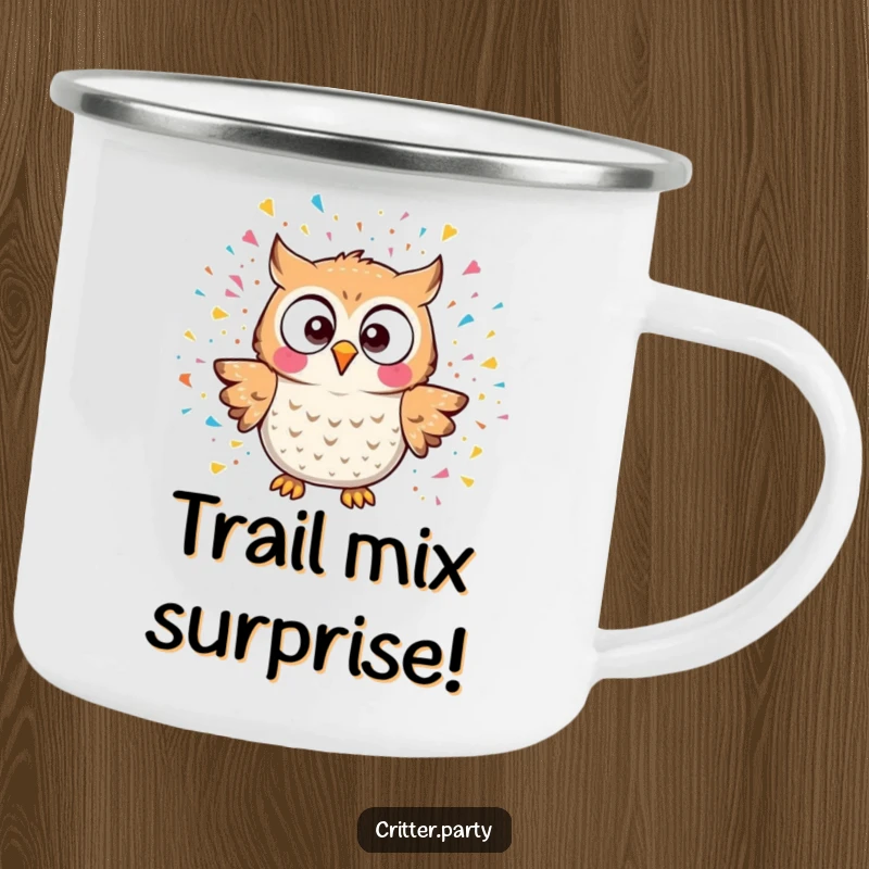 Funny kawaii owl character reacting to a confetti explosion on a durable camping mug, great for outdoor funny gift.