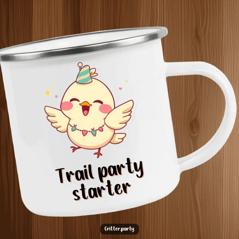 Funny bird camping mug featuring a joyful character with a huge grin, party garland, and a fluttering, happy attitude.