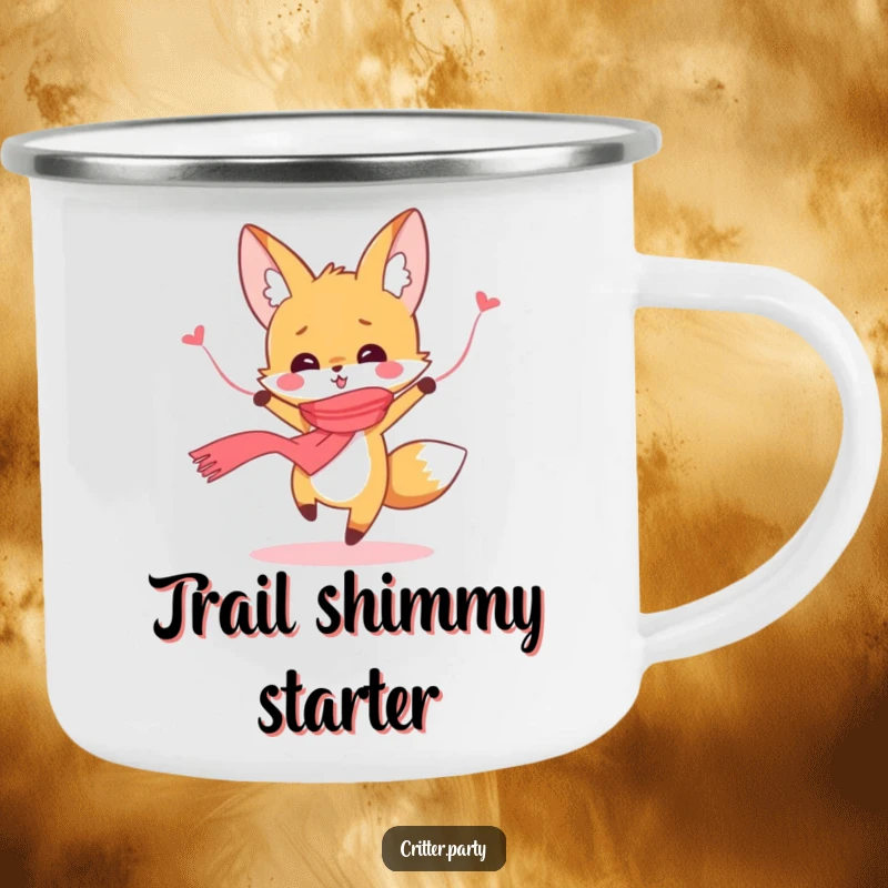 Funny cute fox dancing joyfully, a streamer scarf accentuating its moves, on a robust camping mug, excellent funny gift.