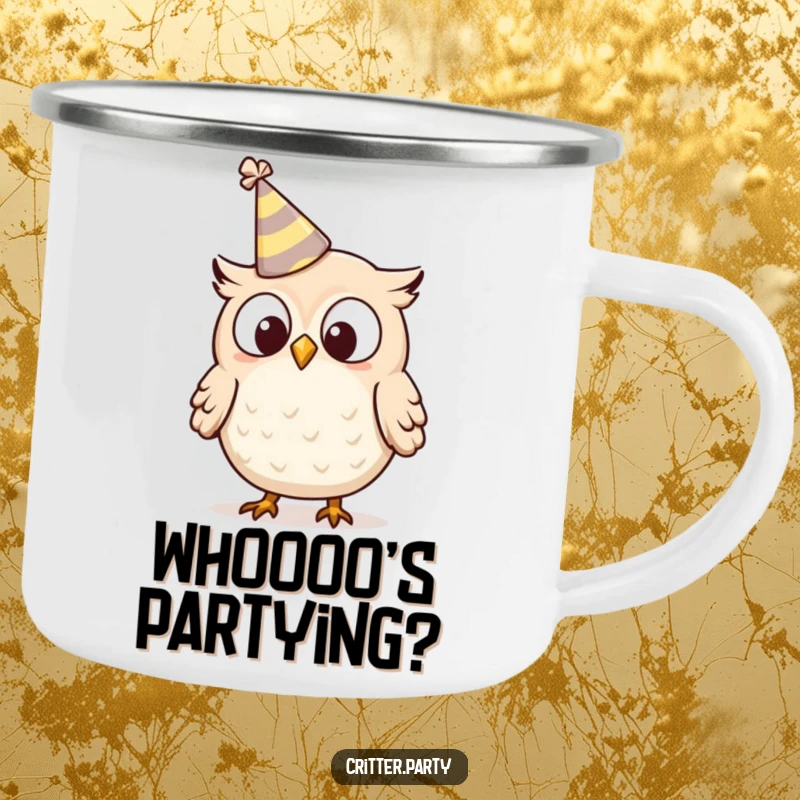 Funny owl camping mug showing a tiny, surprised owl character with a tilted party hat, perfect for outdoor enthusiasts.