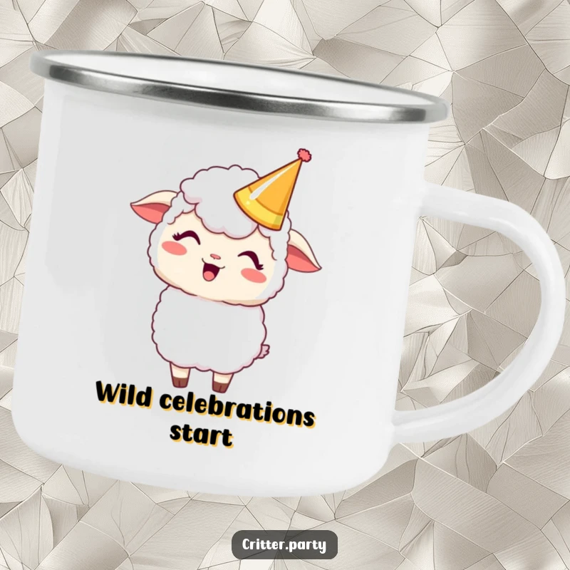 Funny Kawaii sheep in a party crown, giggling on a rugged camping mug for humorous outdoor enjoyment.