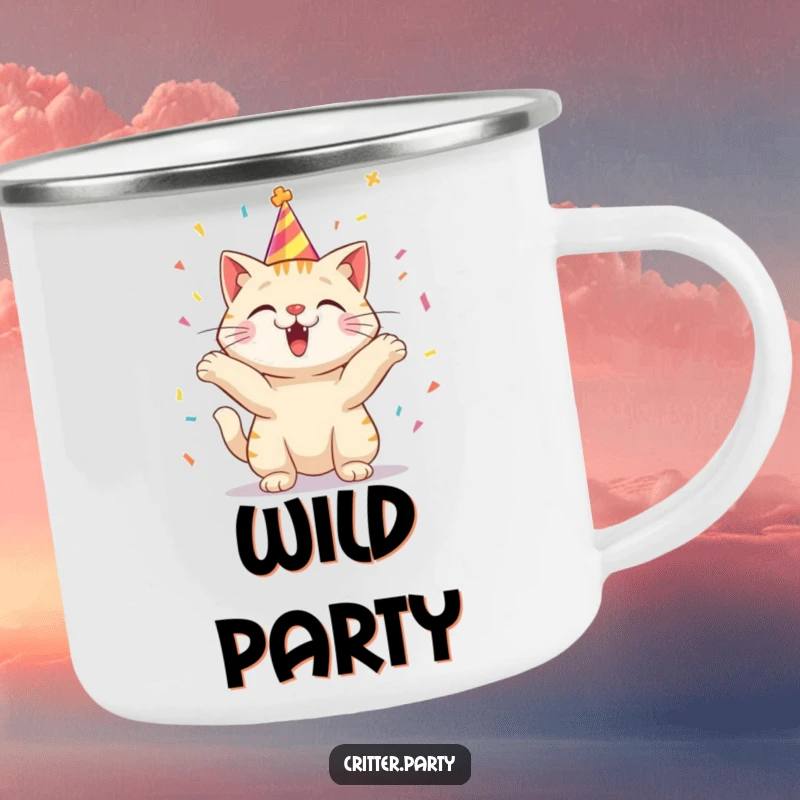 Funny camping mug showing an excited cat wearing a party hat, joyfully tossing confetti.