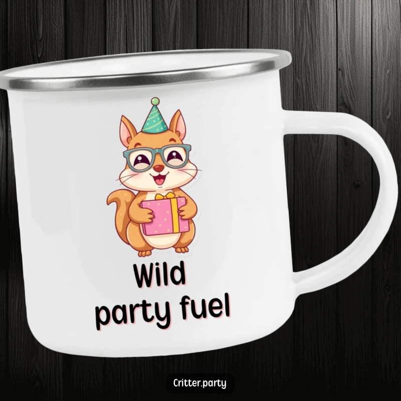 Funny enamel camping mug with a joyous squirrel character wearing party glasses and holding a brightly wrapped present, perfect for outdoor celebration.