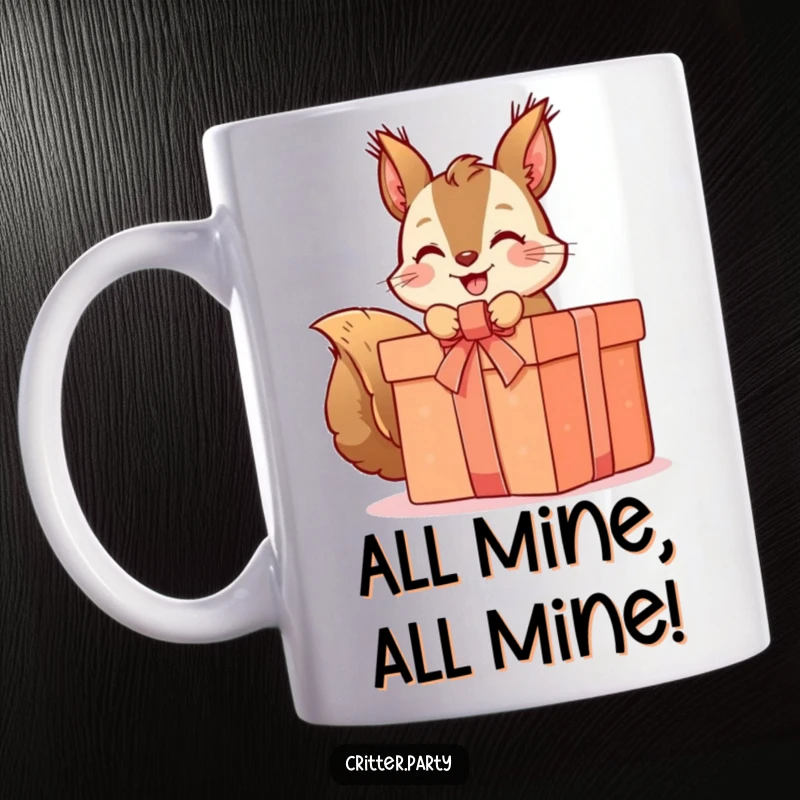 Funny squirrel mug featuring a cute squirrel character excitedly unwrapping a giant, ribbon-adorned present, symbolizing joy and surprise.