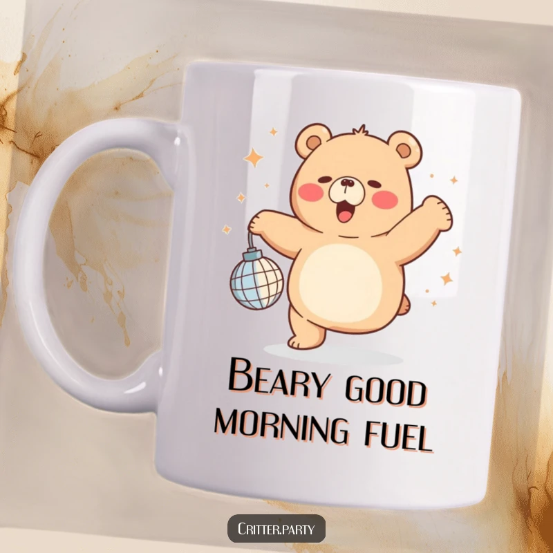 Funny chubby bear dancing wildly with a small disco ball overhead, printed on a mug that radiates pure joy and fun.