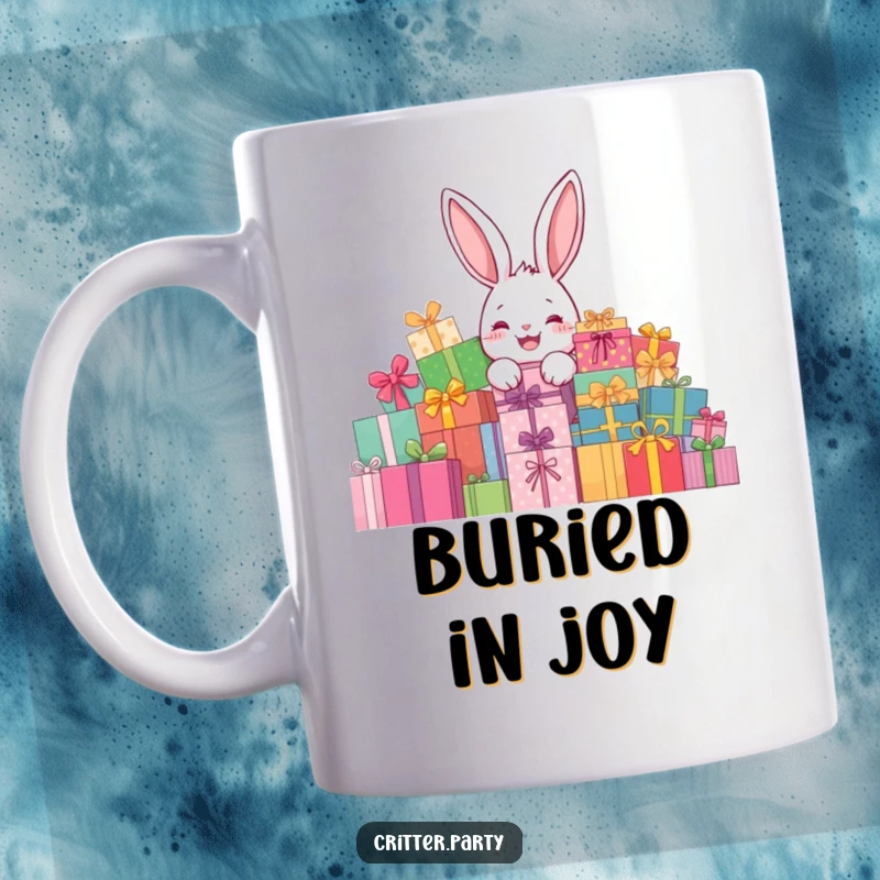 Funny rabbit present mug with a delighted rabbit character peeking from behind a giant pile of presents, full of festive cheer.