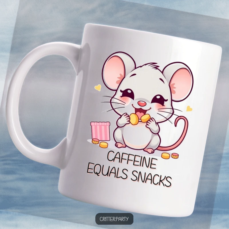Funny mouse mug featuring a joyful little mouse character enthusiastically stuffing its cheeks full of tiny, colorful party snacks.