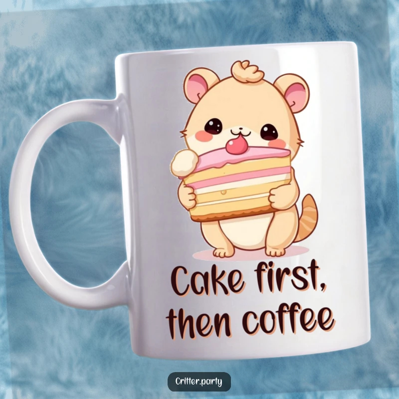 Funny mug with a cute critter happily holding an enormous slice of cake, embodying sweet indulgence and joy.