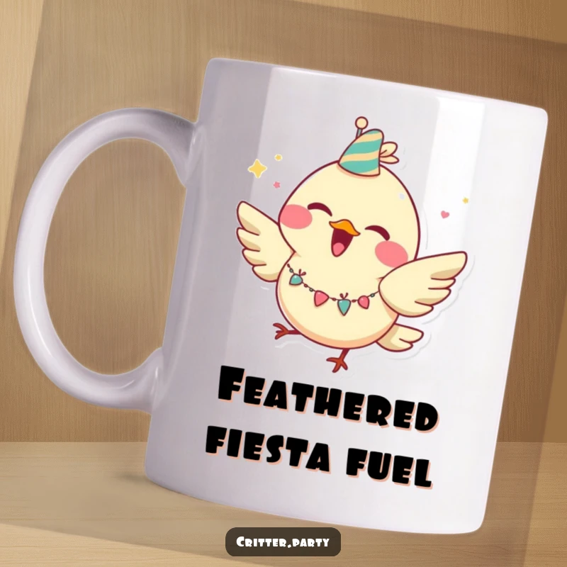 Funny bird mug with a huge grin wearing a party garland, joyfully fluttering with a vibrant, happy energy.