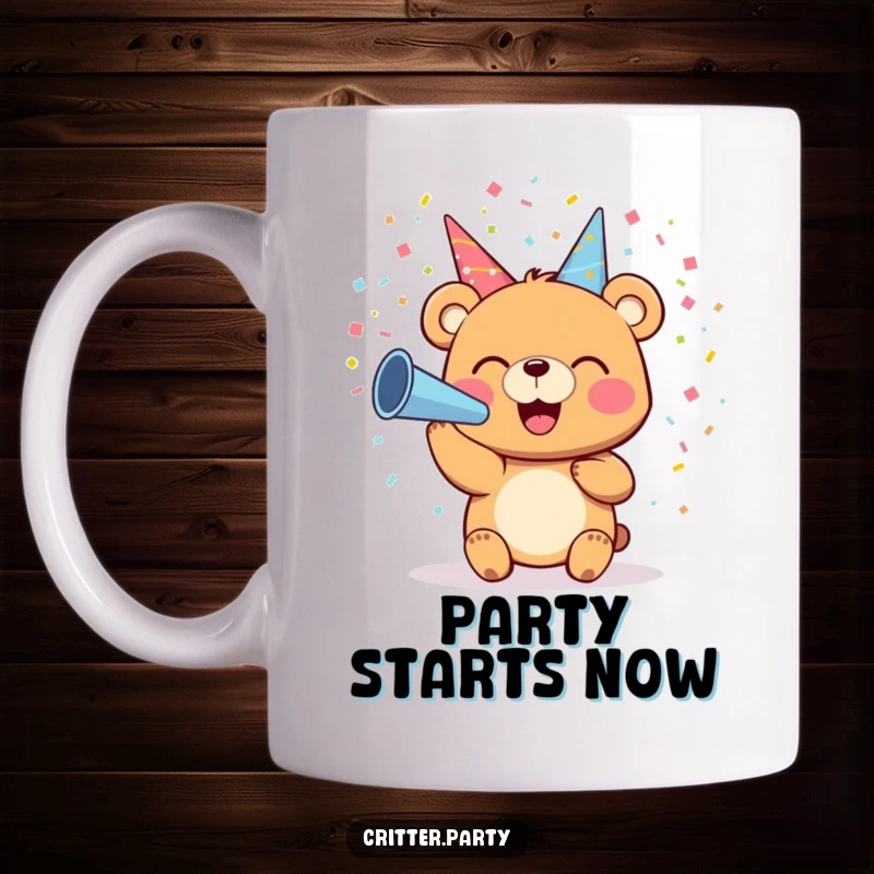 Funny mug of a small bear joyfully blowing colorful confetti from a party horn with a massive, infectious smile.