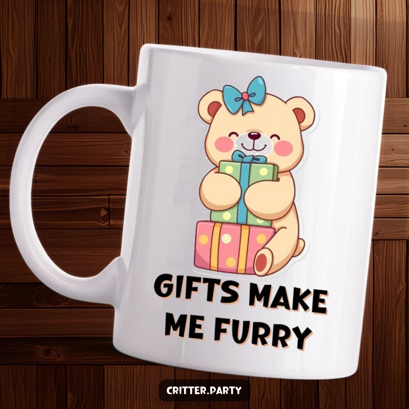 Funny mug featuring a smiling bear joyfully hugging a large stack of colorful, wrapped presents, radiating happiness and festive cheer.