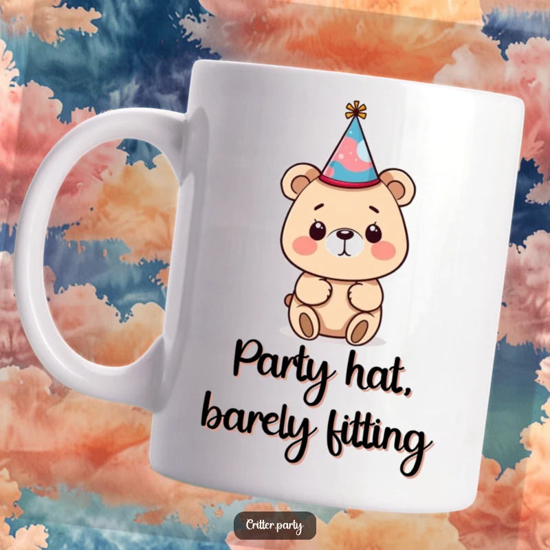 Funny bear mug with a small, crooked party hat being awkwardly worn, expressing curiosity and a touch of silly celebration.