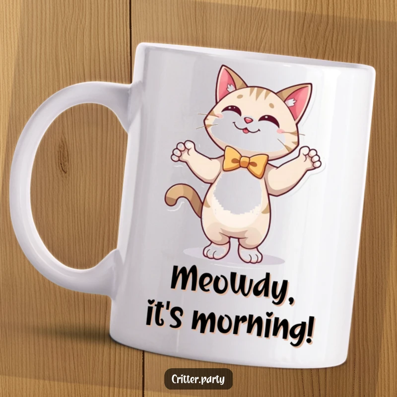 Funny mug featuring a happy cat character wearing a festive bow tie, striking a dynamic dancing pose with a joyful expression.