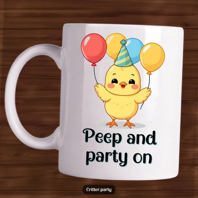 Funny cute yellow chick wearing a party hat, happily juggling colorful balloons on a mug, celebrating joyfully.