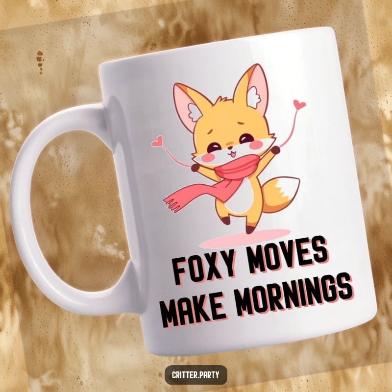 Funny dancing fox with a streamer scarf, full of joyful abandon, on a ceramic mug, perfect for a fun gift.