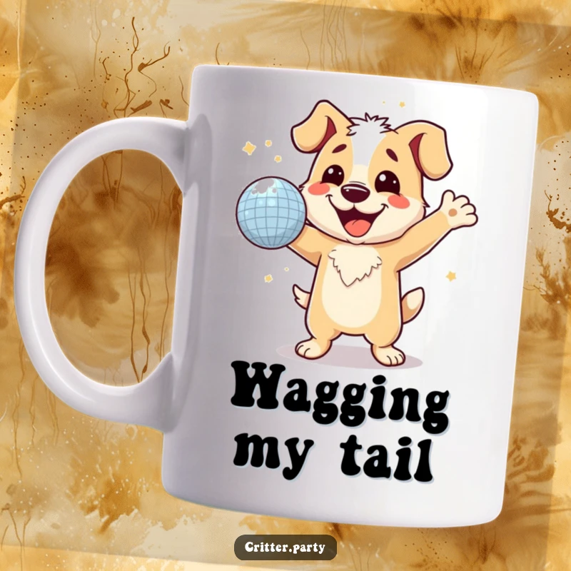 Funny, happy dog with a wide grin, dancing energetically with a sparkling disco ball, a joyful mug design.