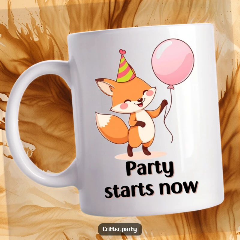 Funny mug: A happy fox in a party hat gleefully dancing with a large, colorful balloon, radiating festive energy.