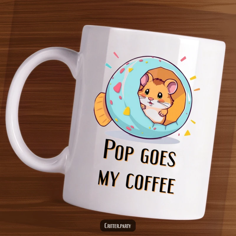 Funny mug with a curious hamster peeking out from inside a giant, colorful, exploding party popper.